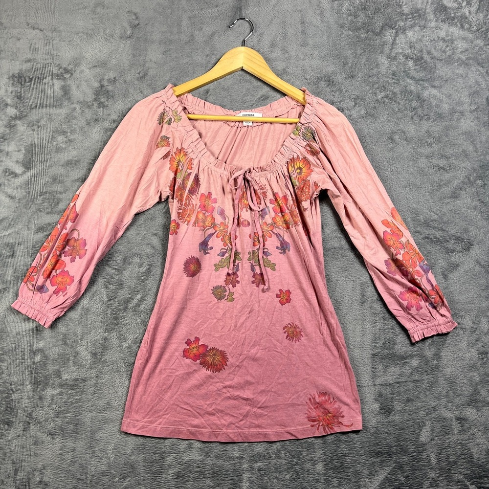 Express Top Womens Small Pink Floral Ruffled Scoop Neck Tie Front Quarter Sleeve